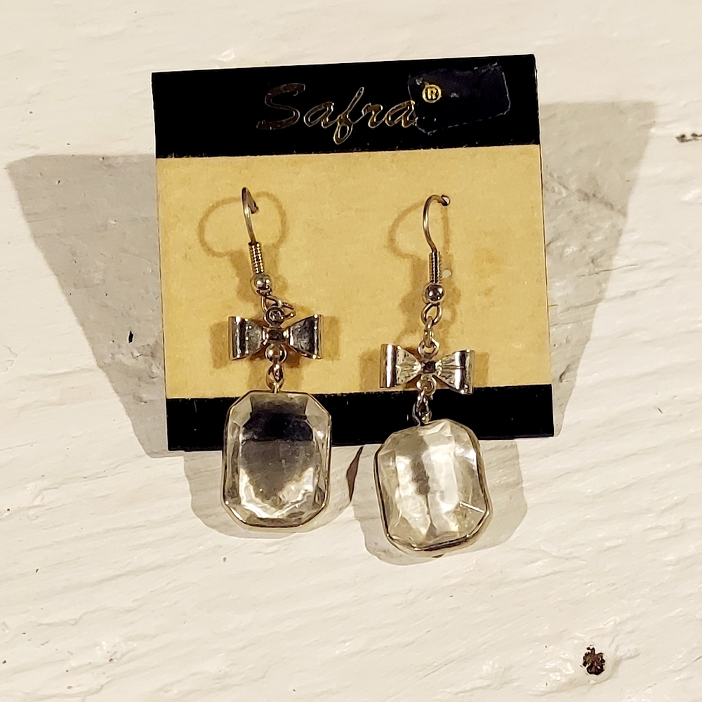 Earrings Silver Bows Clear Rectangle Jewelry - image 1